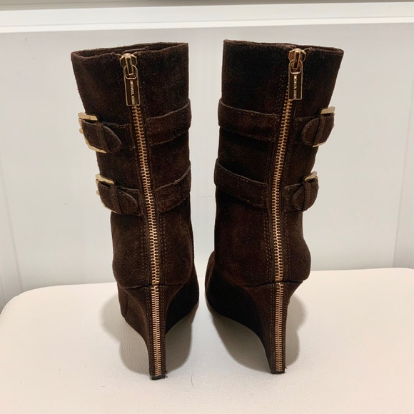 Michael Kors Parker Brown Suede Leather Wedge Bootie Exposed Zip Ankle Boots 7.5 - Picture 8 of 16